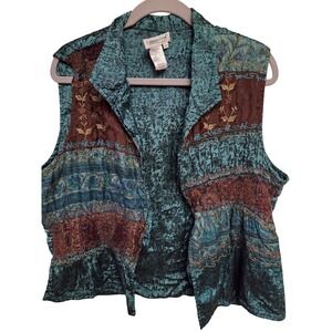 Vintage 90s Silk Floral Brocade Sleeveless Top Teal Green Brown Boho Tank Blouse